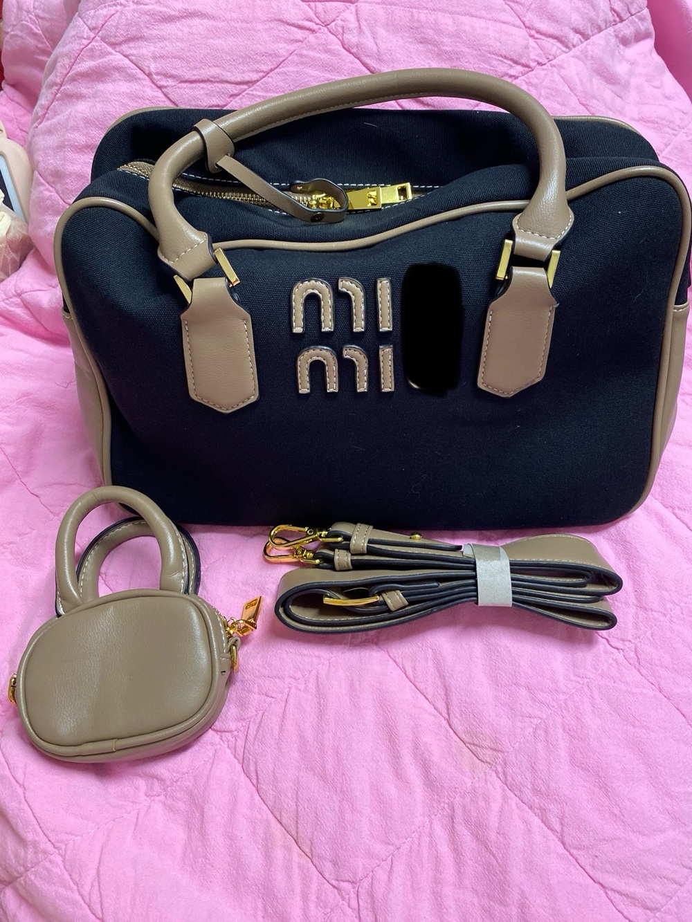 Black and Taupe Women's Satchel Handbag with Removable Strap